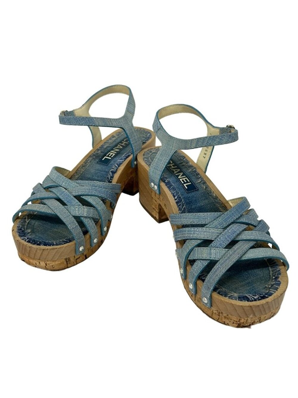 Chanel Sandals 39c Light Blue Gold Lame Leather - Picture 2 of 10